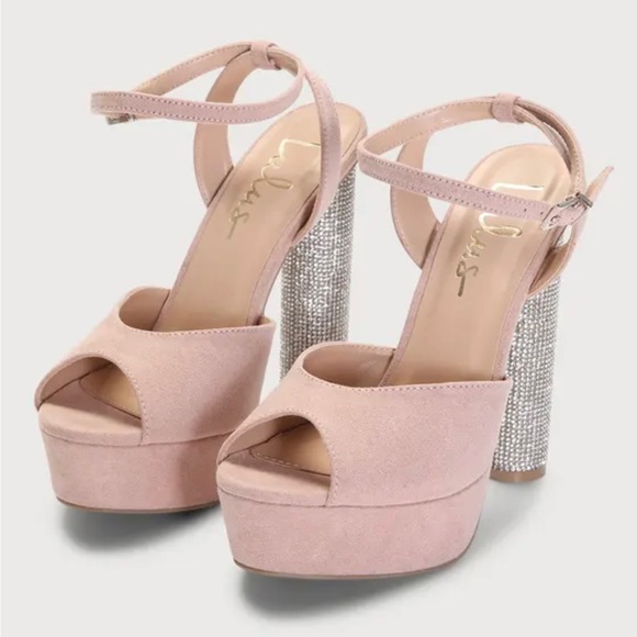 Kamila Light Nude Suede Ankle Strap Rhinestone Platform High Heels ~ Stilettos - Picture 1 of 8